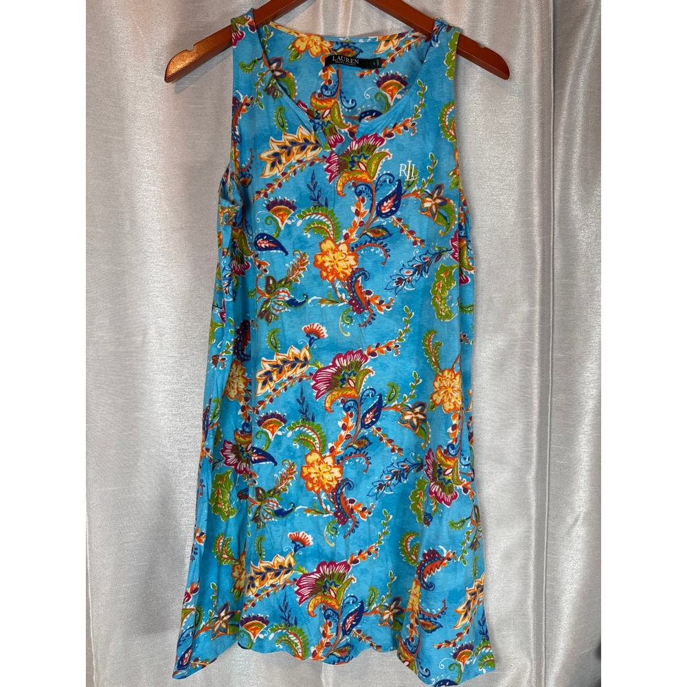 Lauren Ralph Lauren Women's Blue Paisley Floral Sleeveless V Neck  short‎ dress